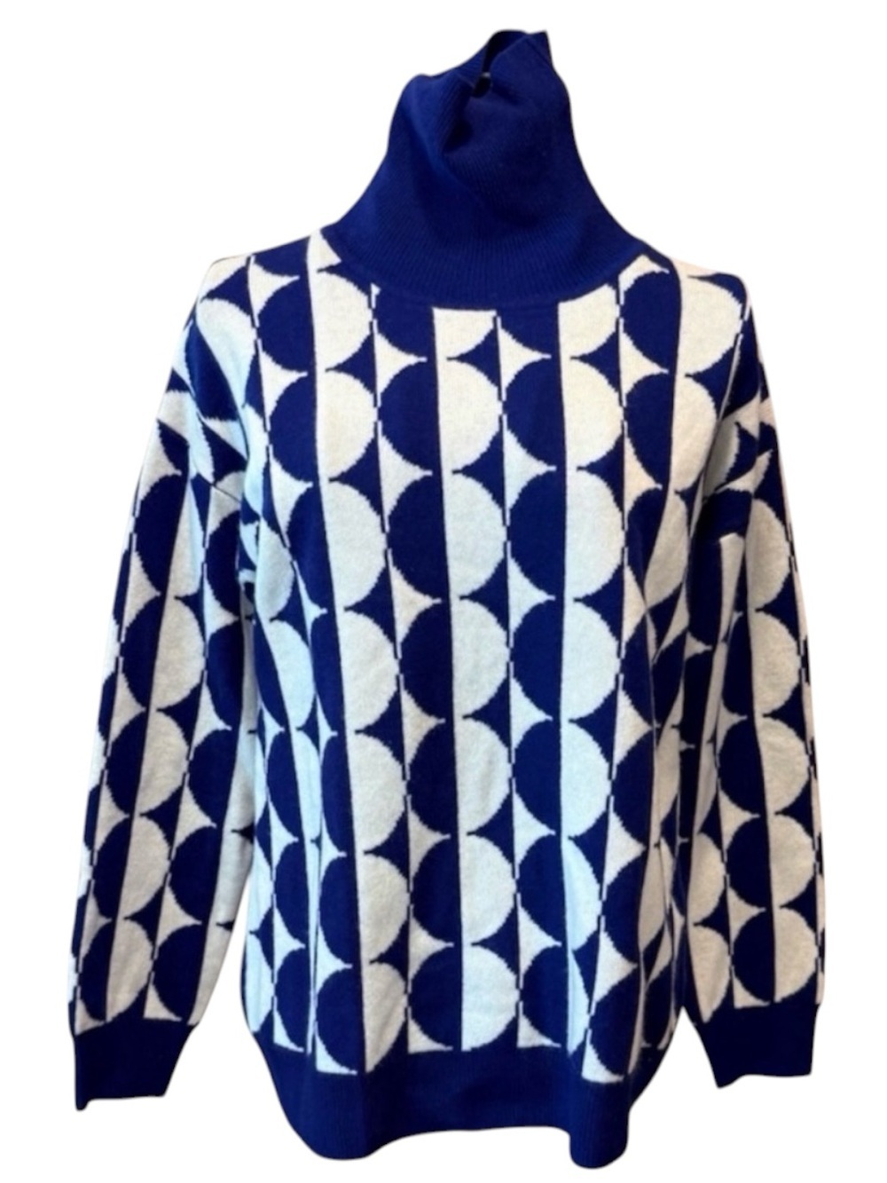 Kier + J Wool Cashmere Turtleneck Sweater Navy Ivory Geometric Knit S